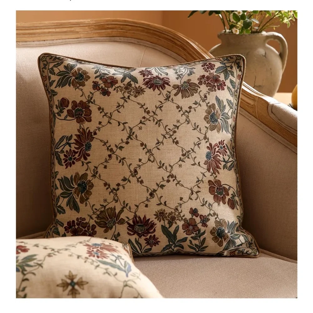 Decorative Vintage Floral Linen Pillow Cover Square 18x18” (1-count)